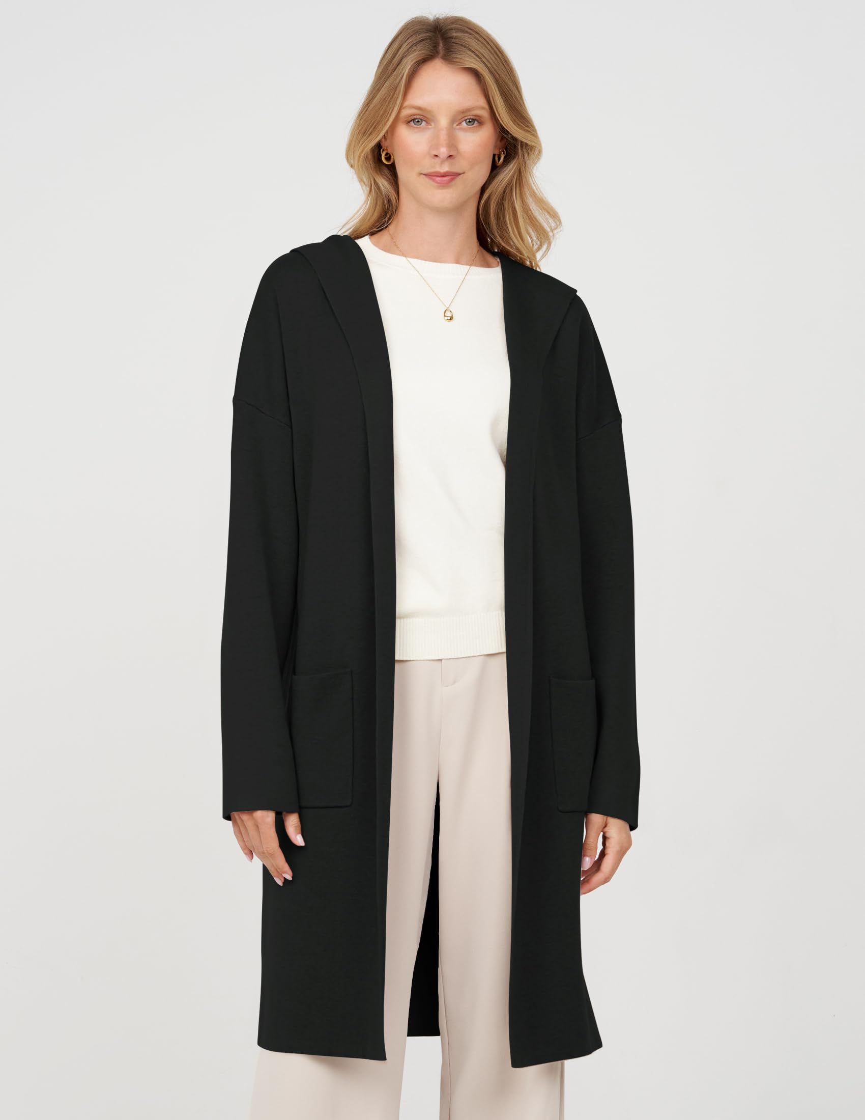 MEROKEETY Women's 2023 Long Sleeve Hooded Cardigan Dressy Open Front Knit Sweater Coat with Pockets