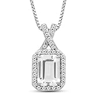 Jewelili Pendant Necklace Sterling Silver with 7X5 MM Octagonal and Round Cut Created White Sapphire, 18