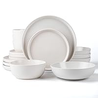 SKUGGA Round Stoneware 16pc Double Bowl Dinnerware Set for 4, Dinner and Side Plates, Cereal and Pasta Bowls - Matte White (466077)