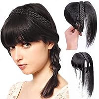 Women Remy Human Hair Topper with Bangs 10x10cm Breathable Lace Net Base Braided Headband Hairpiece Topper Hair Extensions Hairband Braids Human Hair Piece(25cm Natural Black)