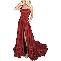 Women's Long Glitter Prom Dresses with Pockets Side Slit Formal Evening Gowns