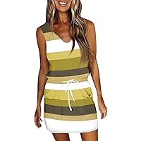 Woman Summer Dress Sundresses for Women 2024 Striped Print Casual Fashion Slim Fit with Waistband Short Sleeve V Neck Summer Dress Yellow XX-Large