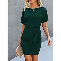 Solid Batwing Sleeve Belted Fitted Dress (Color : Dark Green, Size : L)