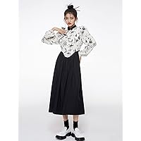 Dresses for Women Floral Print Mandarin Collar Bishop Sleeve Dress (Color : Black and White, Size : Small)