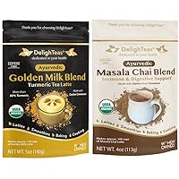DelighTeas Organic Golden Milk and Masala Chai blends | Great for hot & Iced latte and as a healthy boost to smoothies, baking and cooking | Caffeine Free, Vegan, Keto