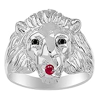 Lion Head Ring Sterling Silver Gorgeous Color Stone Birthstone in Mouth & Black Diamonds in eyes #1 in Mens Jewelry Men's Ring Amazing Conversation Starter Sizes 6,7,8,9,10,11,12,13