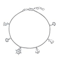 Bling Jewelry Nautical Multi Charm Dangle Anchor Sailboat Ship Wheel Compass Anklet Ankle Bracelet For Women .925 Sterling Silver Adjustable 9 To 10 Inch With Extender