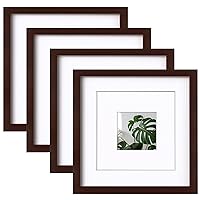 11x11 Picture Frames 4 Pack Covered by Plexiglass, Display Pictures 8x8 with Mat or 11x11 Without Mat Made of Solid Wood for Table Top Display and Wall Mounting Photo Frame, Walnut Color
