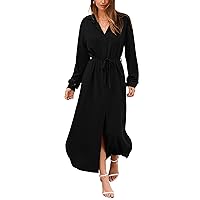 BTFBM Women 2023 Casual Long Sleeve Maxi Dress Fall Spring Button Down Shirt Dresses Tie Waist Side Slit Long Linen Dress
