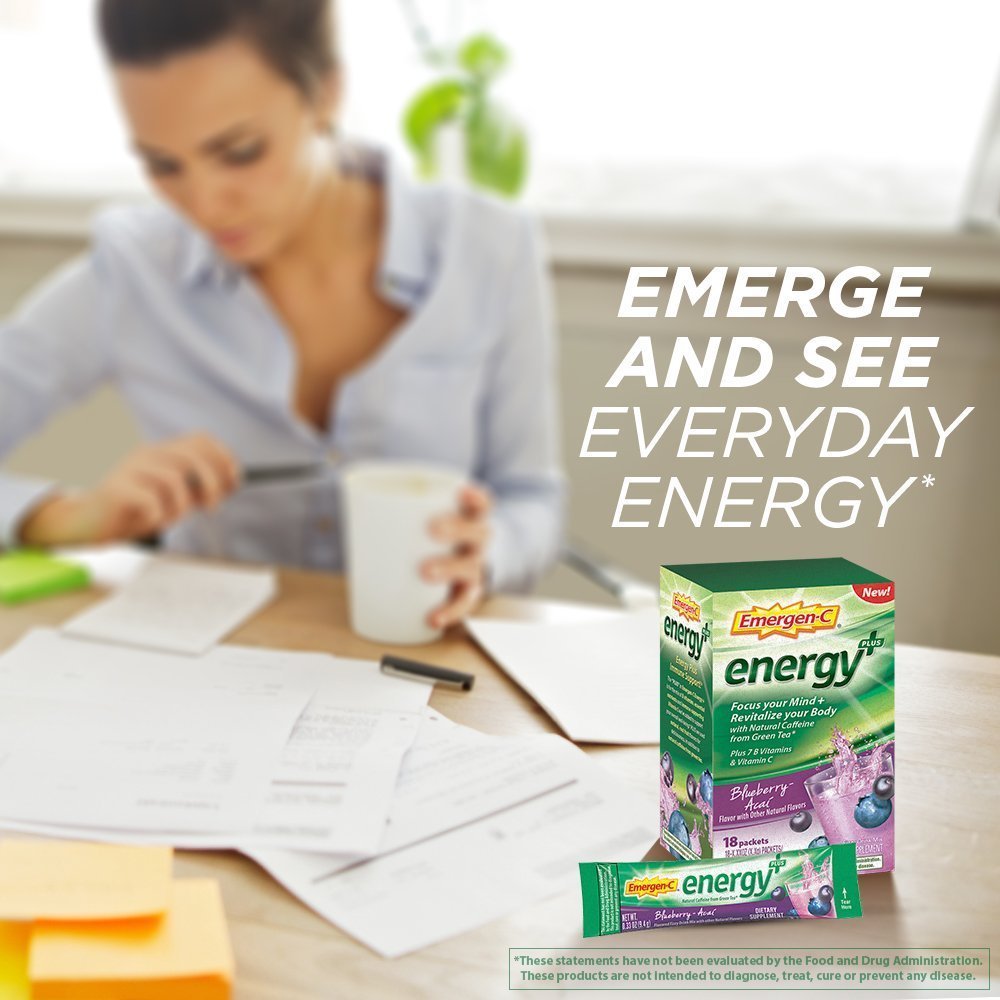 Emergen-C Energy+, With B Vitamins, Vitamin C And Natural Caffeine From Green Tea(Blueberry Acai Flavor) Dietary Supplement Drink Mix, 0.33 Ounce Powder Packets(Pack of 18)