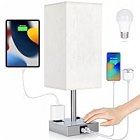Bedside Lamp with USB Ports - Touch Control Table Lamp for Bedroom with USB C+A Charging Ports & AC Outlets, 3 Way Dimmable Nightstand Light for Living Room (LED Bulb Included, Chrome - Flaxen)