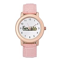 Farm Life Tractpr Womens Watch Round Printed Dial Pink Leather Band Fashion Wrist Watches