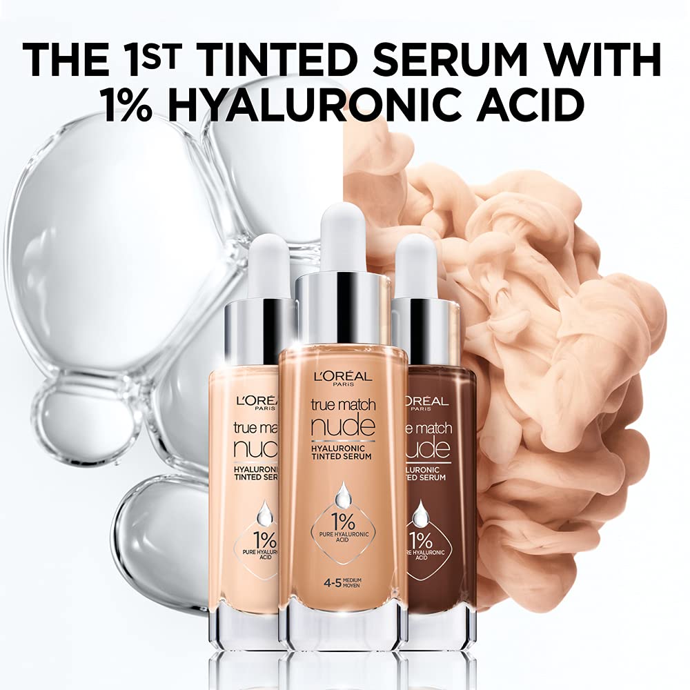 L’Oréal Paris Cosmetics True Match Nude Hyaluronic Tinted Serum The 1st Tinted serum with 1% Hyaluronic acid Instantly skin looks brighter,even&feels hydrated Skincare,Light-Medium 3-4,1 fl. oz.