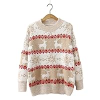 Women's Long Sleeve Loose Christmas Elk Pullover Knit Fawn Sweater Top Holiday