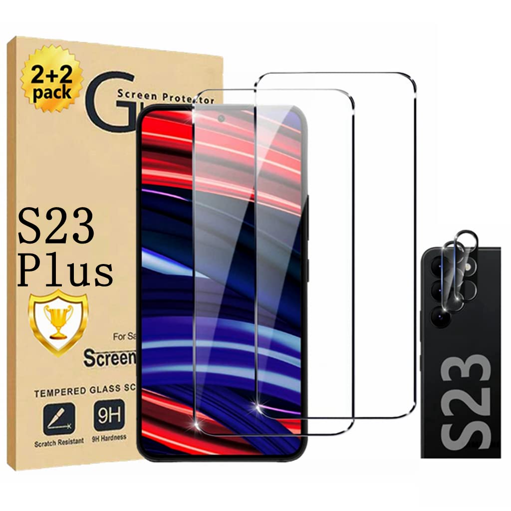 Galaxy S23+ Plus Screen Protector【2+2 Pack】With 2 Pack Tempered Glass Camera Lens Protector, Easy Installation, Compatible Fingerprint, Full Coverage 9H Hardness Tempered Glass Screen Protector for Samsung Galaxy S23 Plus 5G