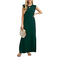GRECERELLE 2024 Women Summer Crew Neck Casual Loose Split Wrinkle-Free Long Maxi Beach Dress with Pockets