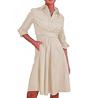 Collared Belted Pockets Midi Shirt Dresses for Women Business Casual Button Up Rolled Sleeve A-line Shirt Work Dress