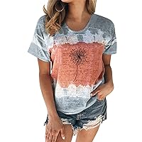T Shirts for Women, Womens Casual Fashion Flower Round Neck Tie Dye Printing Short Sleeve T Shirt Blouse Tops Shirts for Women Fashion 3/4 Sleeve Shirts for Women Plus Size Woman Tops Tops for Women