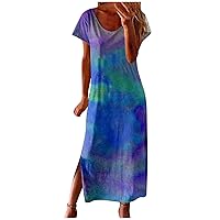 Women's Round Neck Glamorous Casual Loose-Fitting Summer Beach Print Dress Flowy Short Sleeve Knee Length Swing Blue