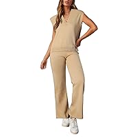 Pink Queen Women's 2 Piece Outfit Sweater Set Cap Sleeve Geometric Knit Top and Wide Leg Long Pants Sweatsuit