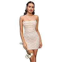 Prom Dress Floral Applique Mesh Tube Bodycon Dress, Mini Bodycon Dress