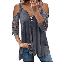 Anjikang Women Casual Lace Half Sleeve Tops Sexy V-Neck Zipper Hollow Out Waffle Solid T-Shirt Loose Fit Tunic Blouse to Hide Belly