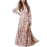 Women's Wrap Maxi Dress Long Sleeve Floral Print Chiffon Bridesmaid Dresses with Side Slit R045