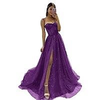 Women's Elegant Glitter Tulle Prom Dress A Line Side Split Evening Party Dress
