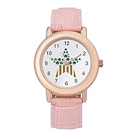 Clover American Flag Star Womens Watch Round Printed Dial Pink Leather Band Fashion Wrist Watches