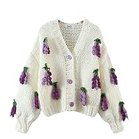 Retro Crochet Ball Cardigan Woman V Neck Long Sleeve Knitting Coarse Sweater Knitwear Purple