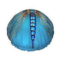 Blue Odonata Pattern Print Shower Cap, Bath Shower Caps for Women Long Hair, Double Layer Waterproof Bathing Shower Hat