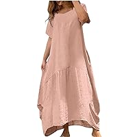 Women's 100% Linen Ruffle Tiered Maxi Dress with Pockets for Summer Casual Flowy Dresses Beach Cover Up Kaftan Dress