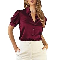 EVALESS Womens Tops Silk Satin Blouses for Women Dressy Casual Puff Sleeve Button Down Shirt Work Clothes Fashion 2024