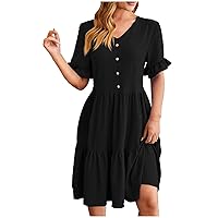 Summer Swiss Dot A-Line Dress Womens Boho Ruffle Short Sleeve V Neck Knee Length Dress Button Trim Tiered Dresses