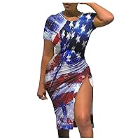 4th of July Dress Women American Flag Patriotic Dresses Sexy Short Sleeve Drawstring Side Split Bodycon Ruched Midi Dress