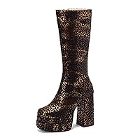 Womens Platform Knee High Boots With High Chunky Heel Square Toe Side Zipper long boots Comfort Party Dress Booties Shoes