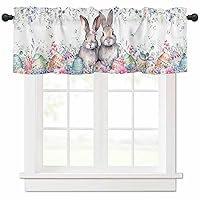 Easter Bunny Window Valance Easter Eggs Eucalyptus Leaves Window Treatment Bunny Rod Pocket Curtain Valance,54x18 inch Spring Watercolor Floral Cute Rabbits Kitchen Valance for Bathroom