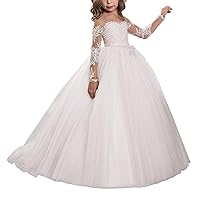 Lace Embroidery Sheer Long Sleeves Kids Flower Girl Dresses Wedding Pageant Dresses