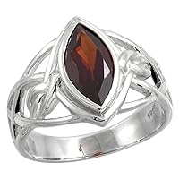 Sterling Silver Celtic Knot Ring with Natural Garnet 1/2 inch wide, sizes 6-10