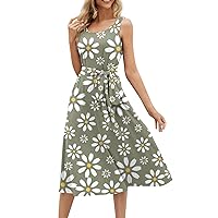 Clearance Dresses for Women 2024 Trendy Summer Beach Cotton Sleeveless Tank Dress Wrap Knot Dressy Casual Sundress with Pocket Today Deals(4-Gray,Small)