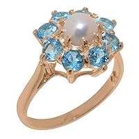 Solid 10k Rose Gold Cultured Pearl & Blue Topaz Womens Cluster Ring - Sizes 4 to 12 Available