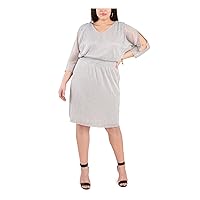 MSK Womens Silver Metallic Rhinestone V Neck Knee Length Evening Sheath Dress Plus 1X