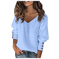 Womens Long Sleeve Tops Solid Color Wild Knitted Sexy V-Neck Loose Sweater Top