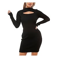 Womens Black Ribbed Cut Out Long Sleeve Mock Neck Above The Knee Party Sweater Dress Juniors XXS