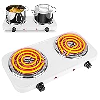 Hot Plate, 2000W Portable Electric Stove for Cooking with 5 Levels Adjustable Temperature & Dual Control,Countertop Double Coil Burner Cast Iron Cooktop for All Cookwares Home Camp RV (White)