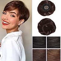 Short Human Hair Toppers Dark Brown Seamless 4.3 inch x 4.3 inch Silktop Head Spin Wiglet Hairpiece Toupee Clip in Topper Hair Piece for Women Real Human Hair