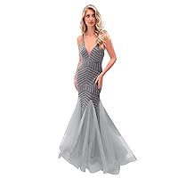 Basgute Sequin Mermaid Prom Dresses for Women 2023 Long Sparkly Bodycon Tulle Spaghetti Strap Formal Evening Party Gown