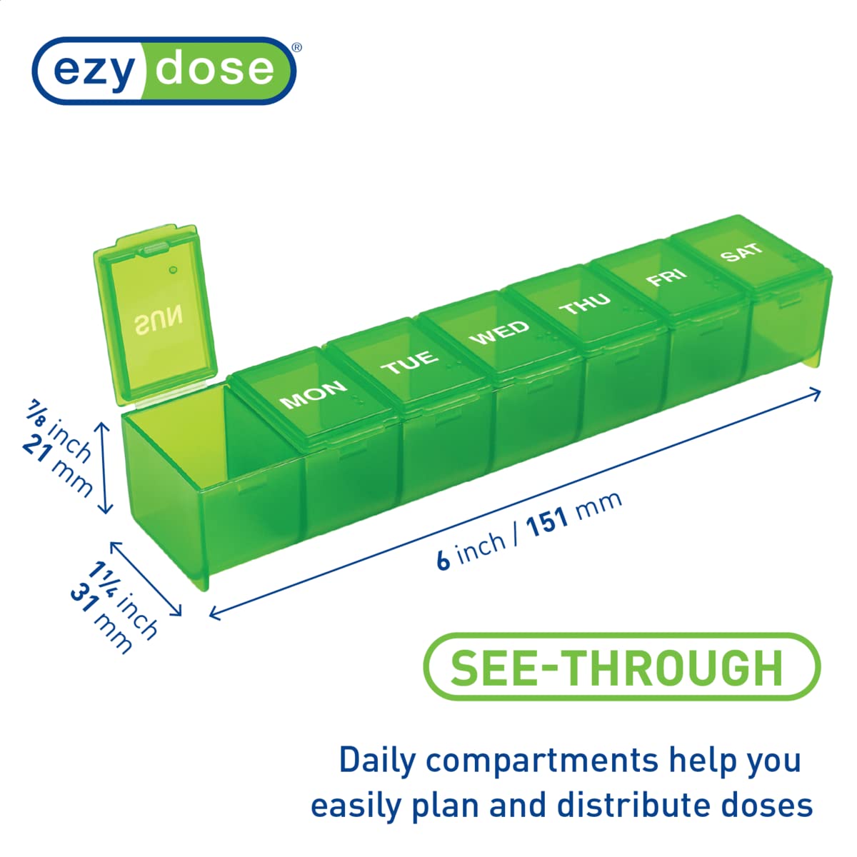 EZY DOSE Weekly (7-Day) Pill Organizer, Vitamin Case, and Medicine Box, Large Compartments, Color May Vary