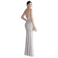 Mordarli Women's Beadings Back Sequins Prom Dresses with Slit Long Formal Dresses Spaghetti Evening Gowns