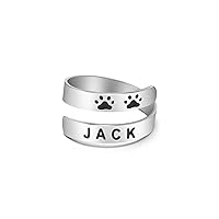 Custom Dog Name Ring Stainless Steel Paw Print Adjustable Rings Dainty Dog Memorial Sympathy Gifts for Women Men Girls Her Pet Dog Cat Lover Pet Jewelry Christmas Halloween Gifts for Friends